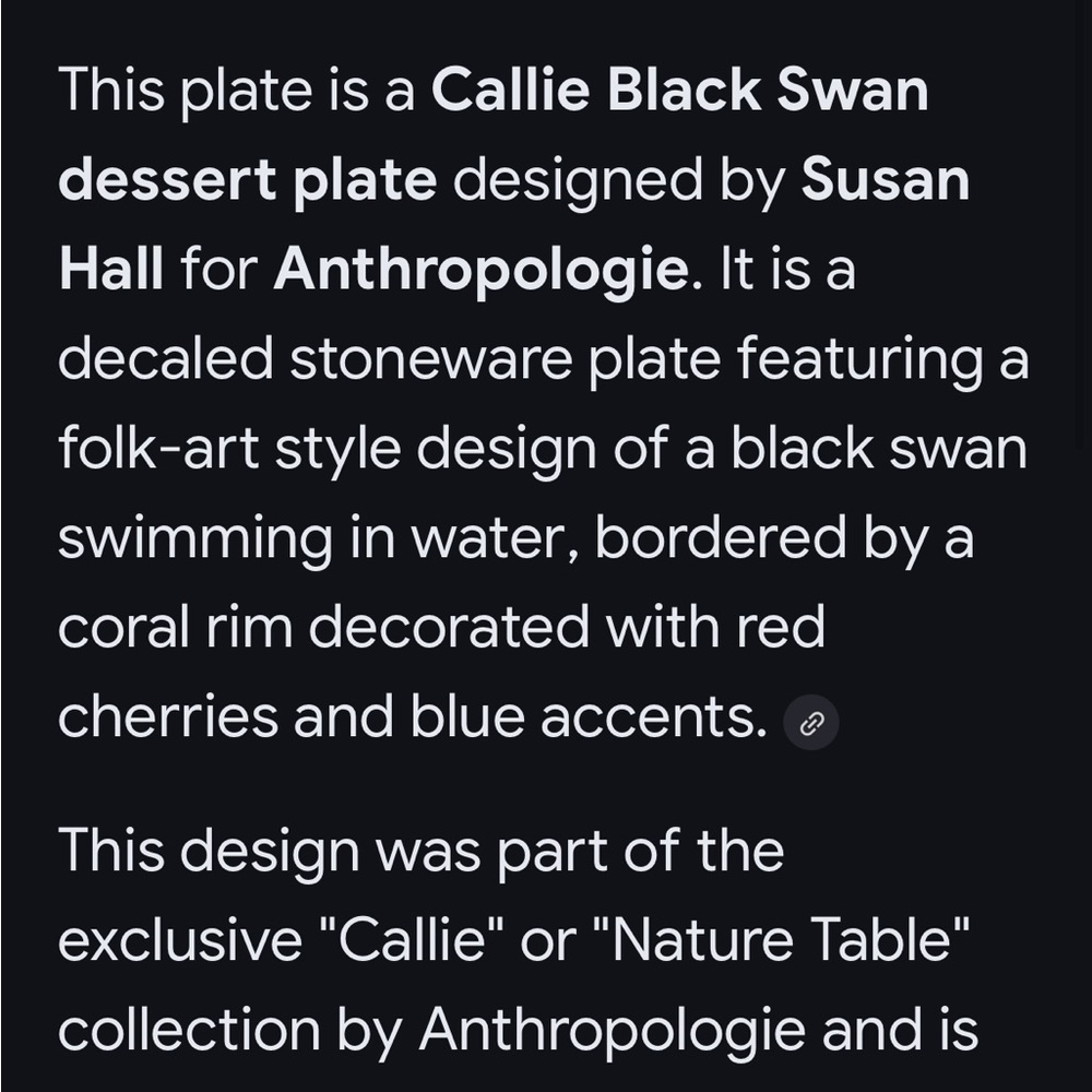 Anthropologie Callie Black Swan Dessert Plate by Susan Hall - Picture 4 of 5